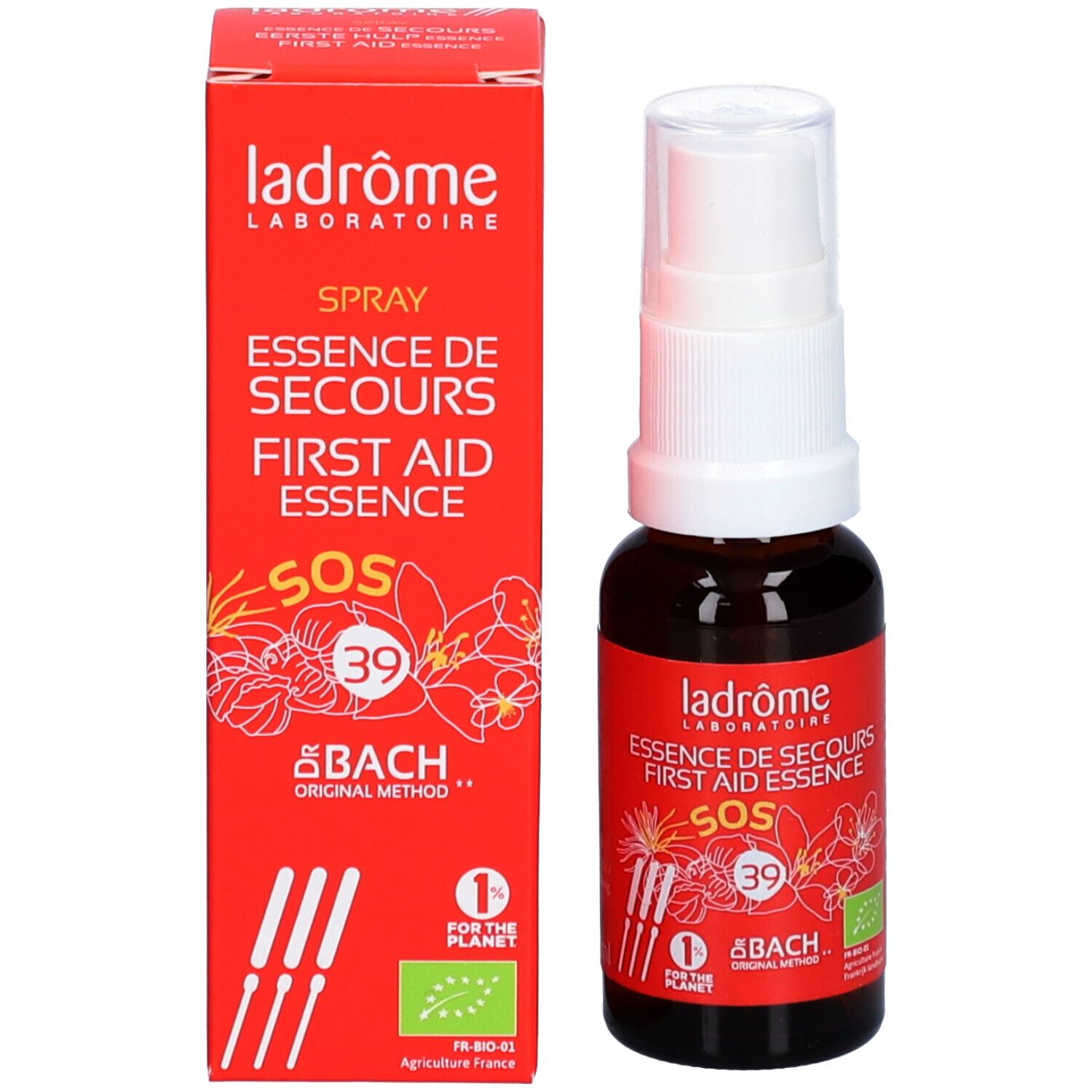 Productfles en doos. Rode doos met witte tekst. Fles met spraykop. SOS-opdruk. Bio-keurmerk.
