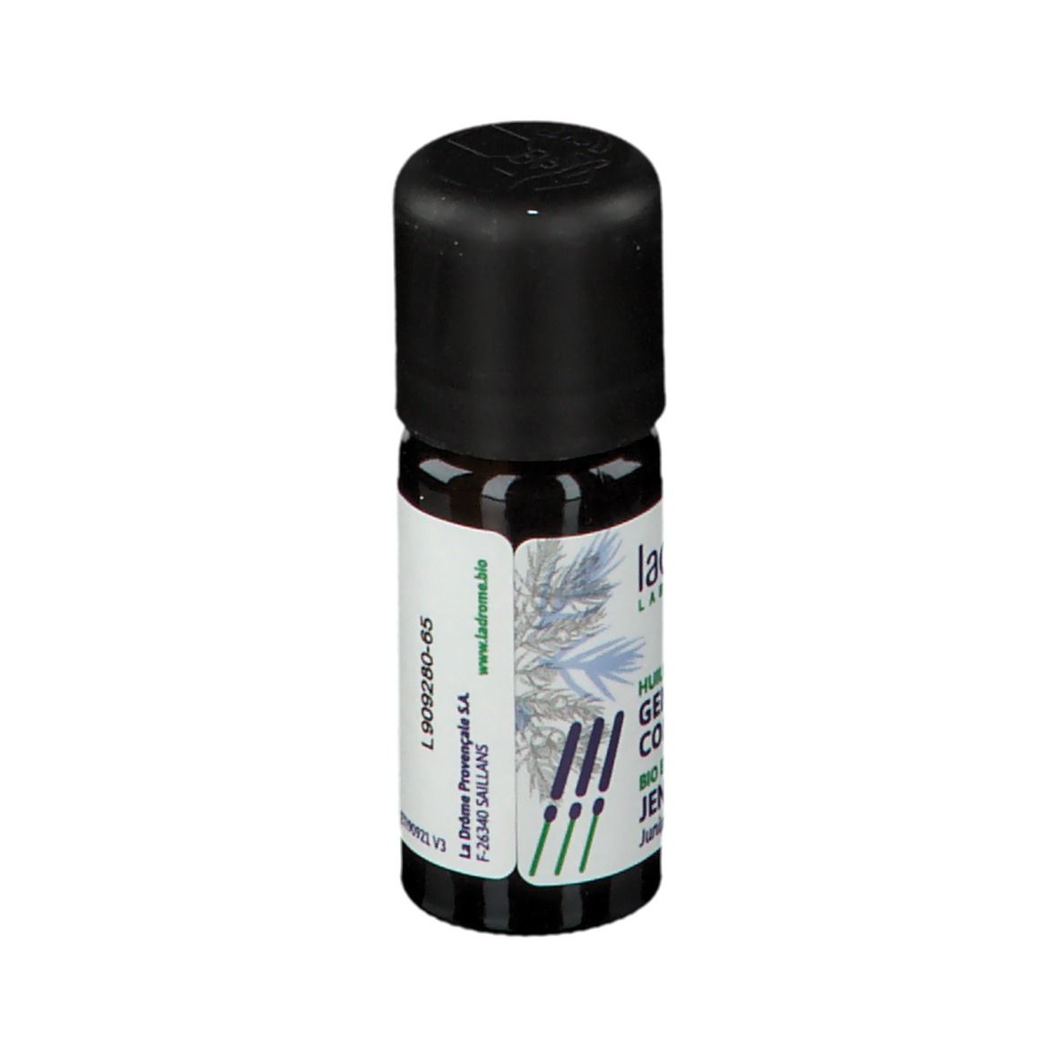 Braune Glasflasche mit schwarzem Deckel. Etikett mit Text und Logo.