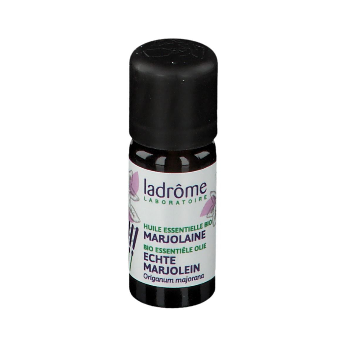 Bruine glazen fles met zwarte dop. Etiket met tekst en bloemmotief. Merk: Ladrôme.