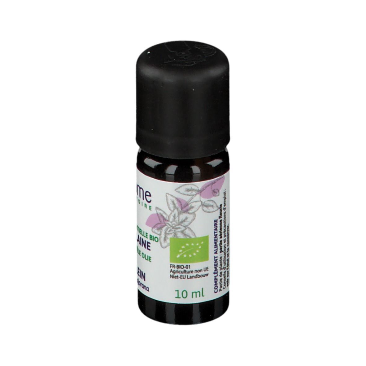 Bruine glazen fles met zwarte dop. Etiket, bloemmotief en bio-label. Merk: Ladrôme.