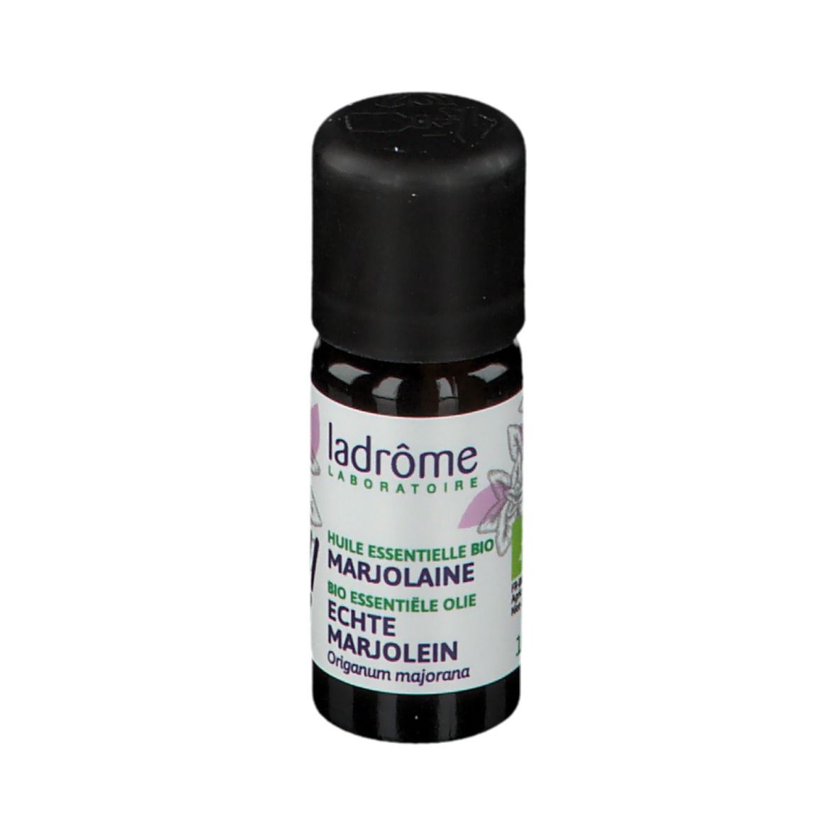 Bruine glazen fles met zwarte dop. Etiket met tekst en bloemmotief. Merk: Ladrôme.