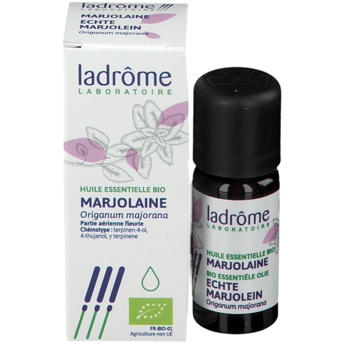 Bruine glazen fles en kartonnen verpakking. Tekst, bloemmotief en bio-label op verpakking. Merk: Ladrôme.