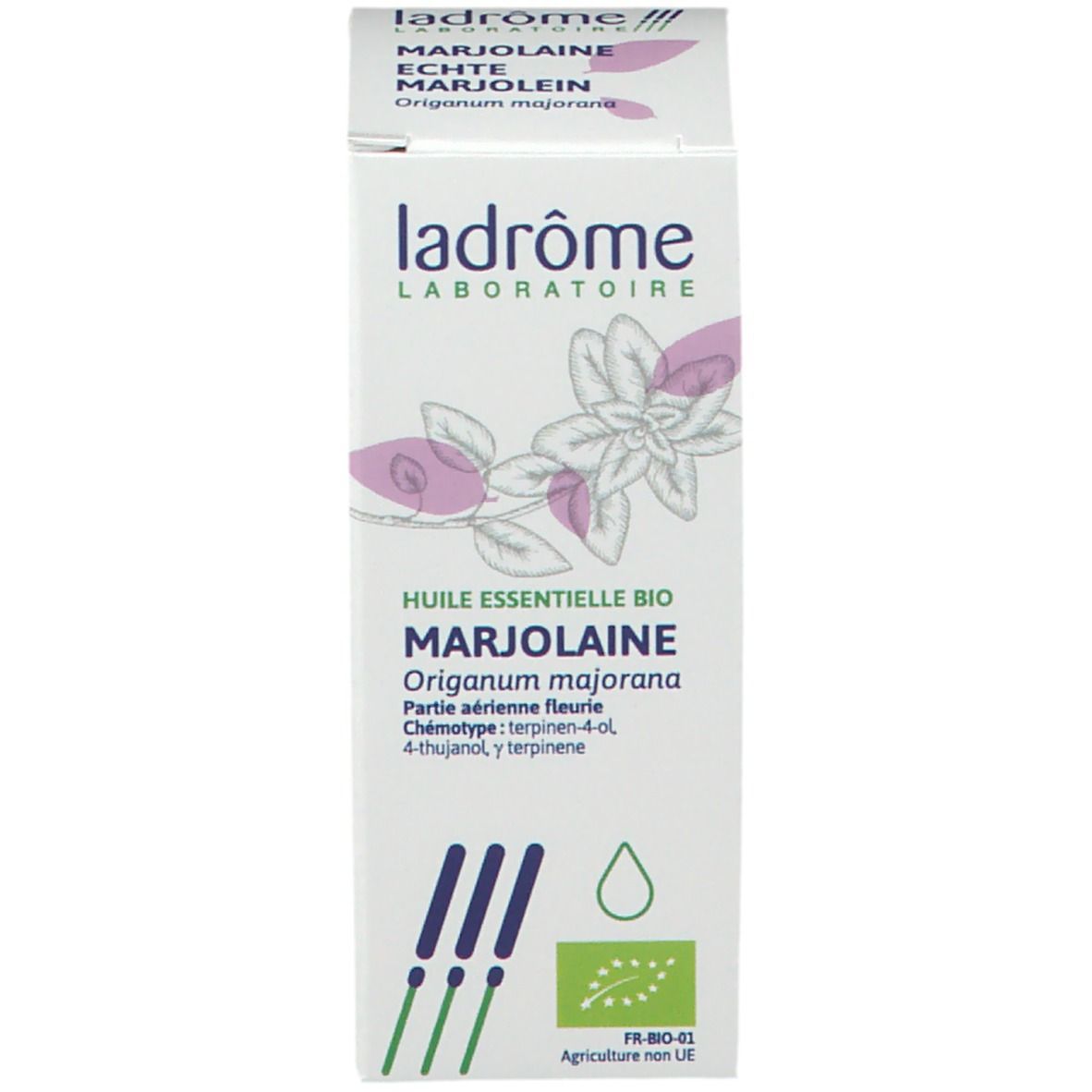 Kartonnen verpakking met tekst, bloemmotief en bio-label. Merk: Ladrôme.