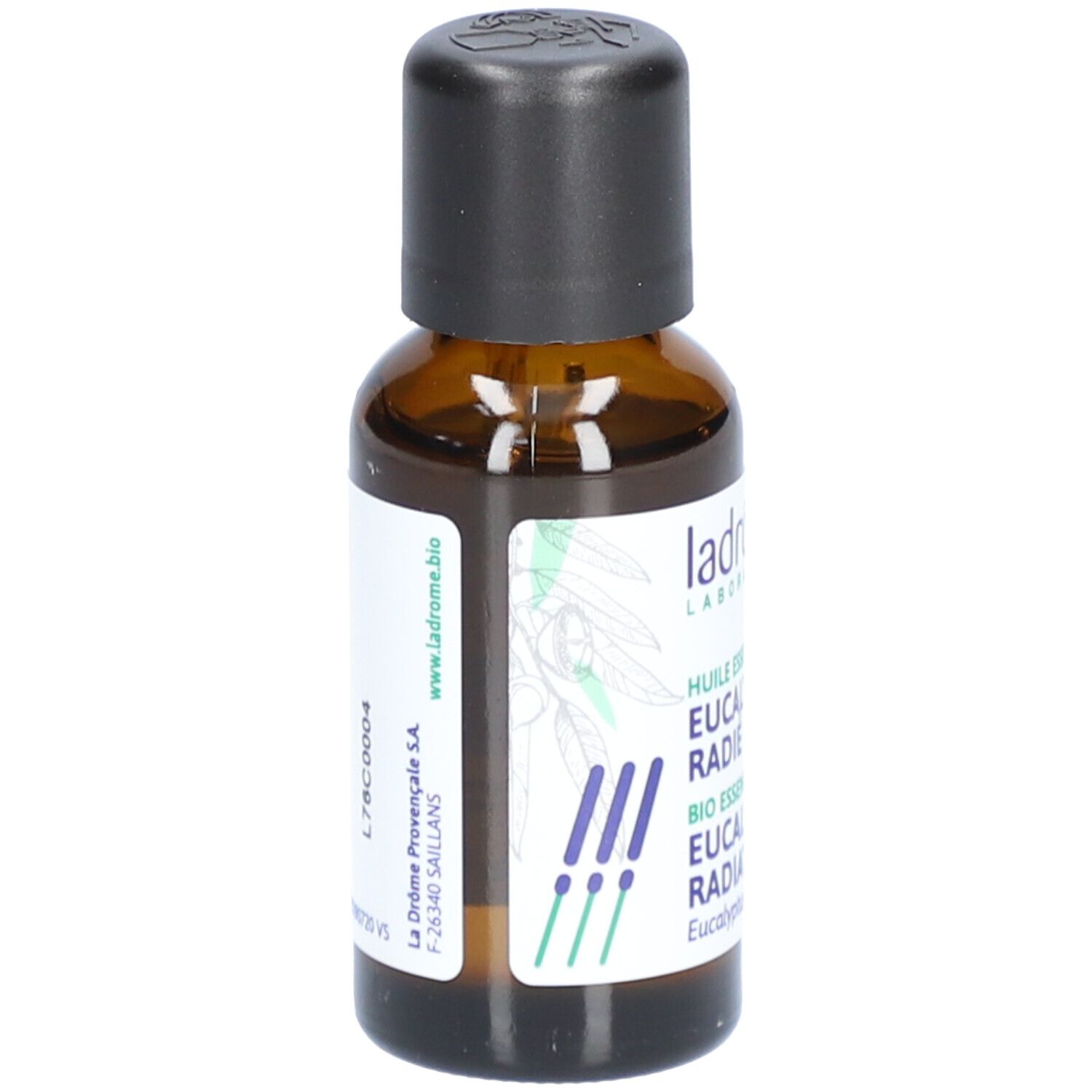 Bruine glazen fles met zwarte dop. Etiket met productnaam en logo.