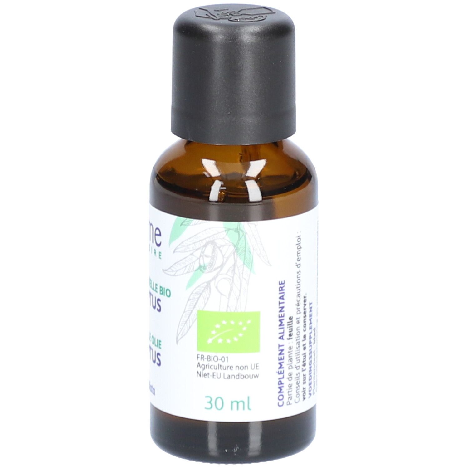 Bruine glazen fles met zwarte dop. Etiket met productnaam en logo. 30 ml.