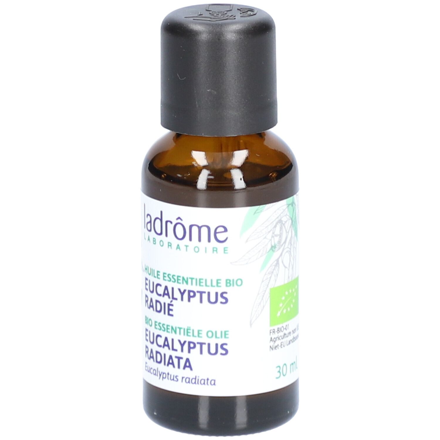Bruine glazen fles met zwarte dop. Etiket met productnaam en logo. 30 ml.