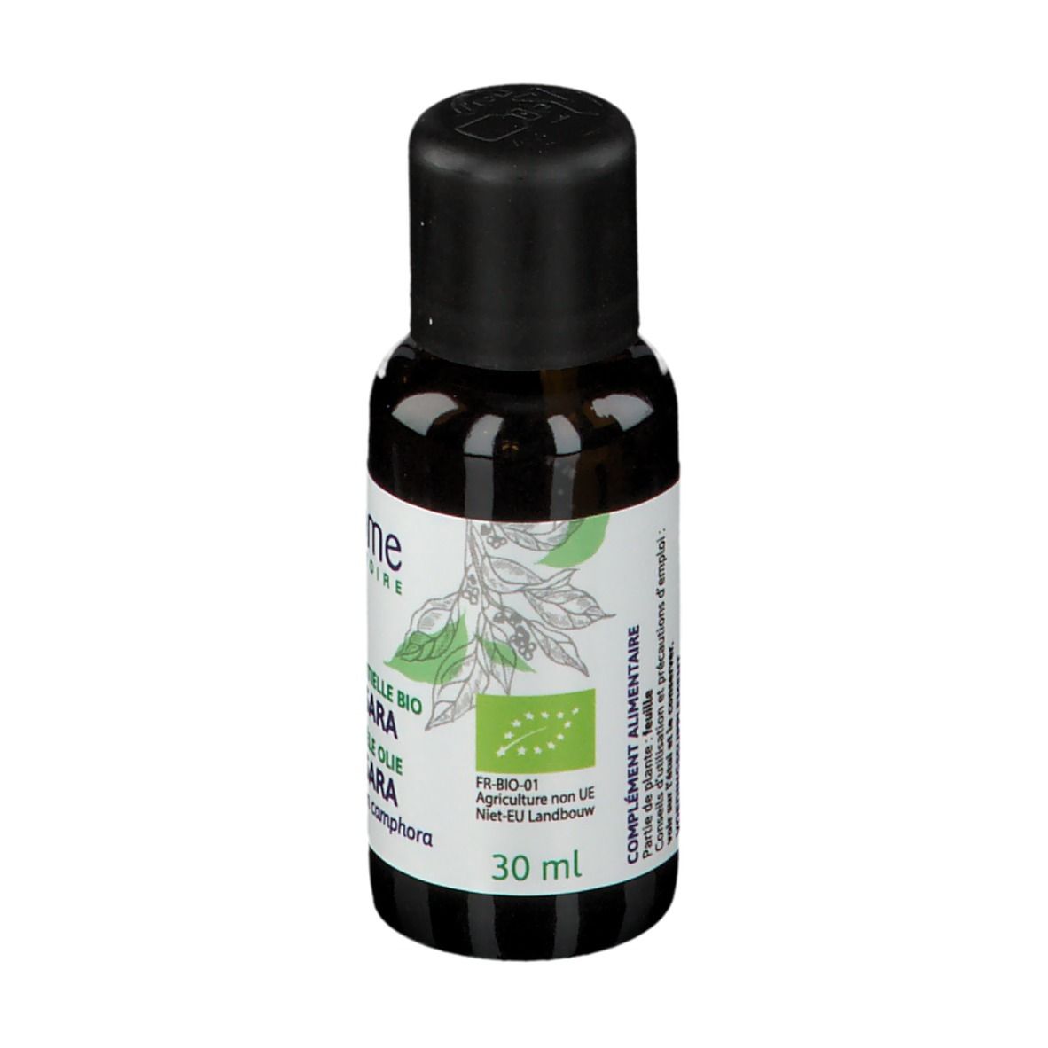 Braune Glasflasche mit schwarzem Deckel. Etikett mit Produktinformationen und Bio-Siegel.