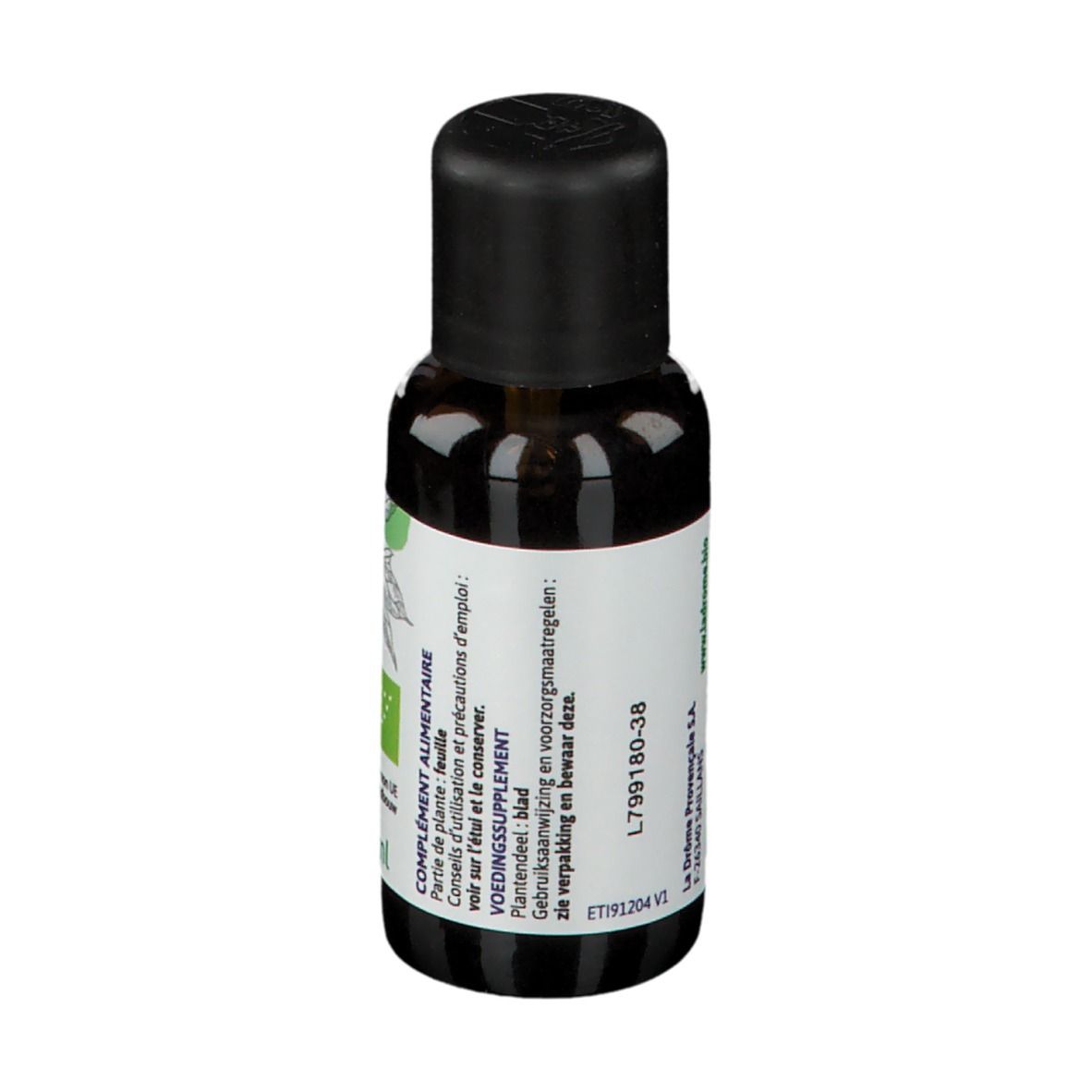 Braune Glasflasche mit schwarzem Deckel. Rückseite mit Produktinformationen und Bio-Siegel.