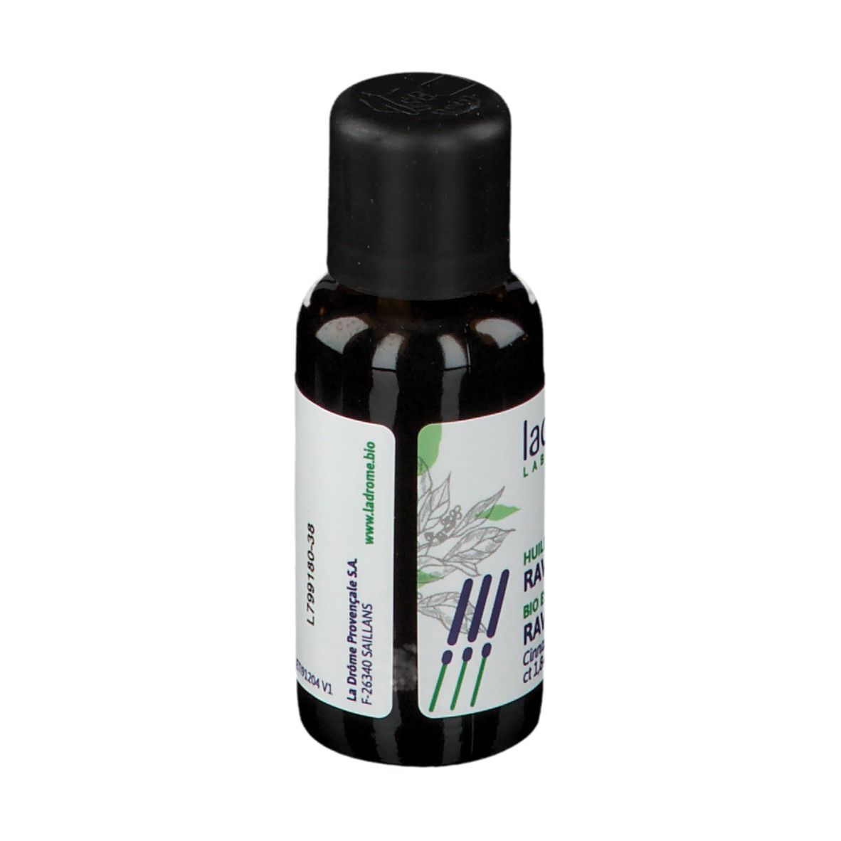 Braune Glasflasche mit schwarzem Deckel. Etikett mit Produktinformationen und Logo.