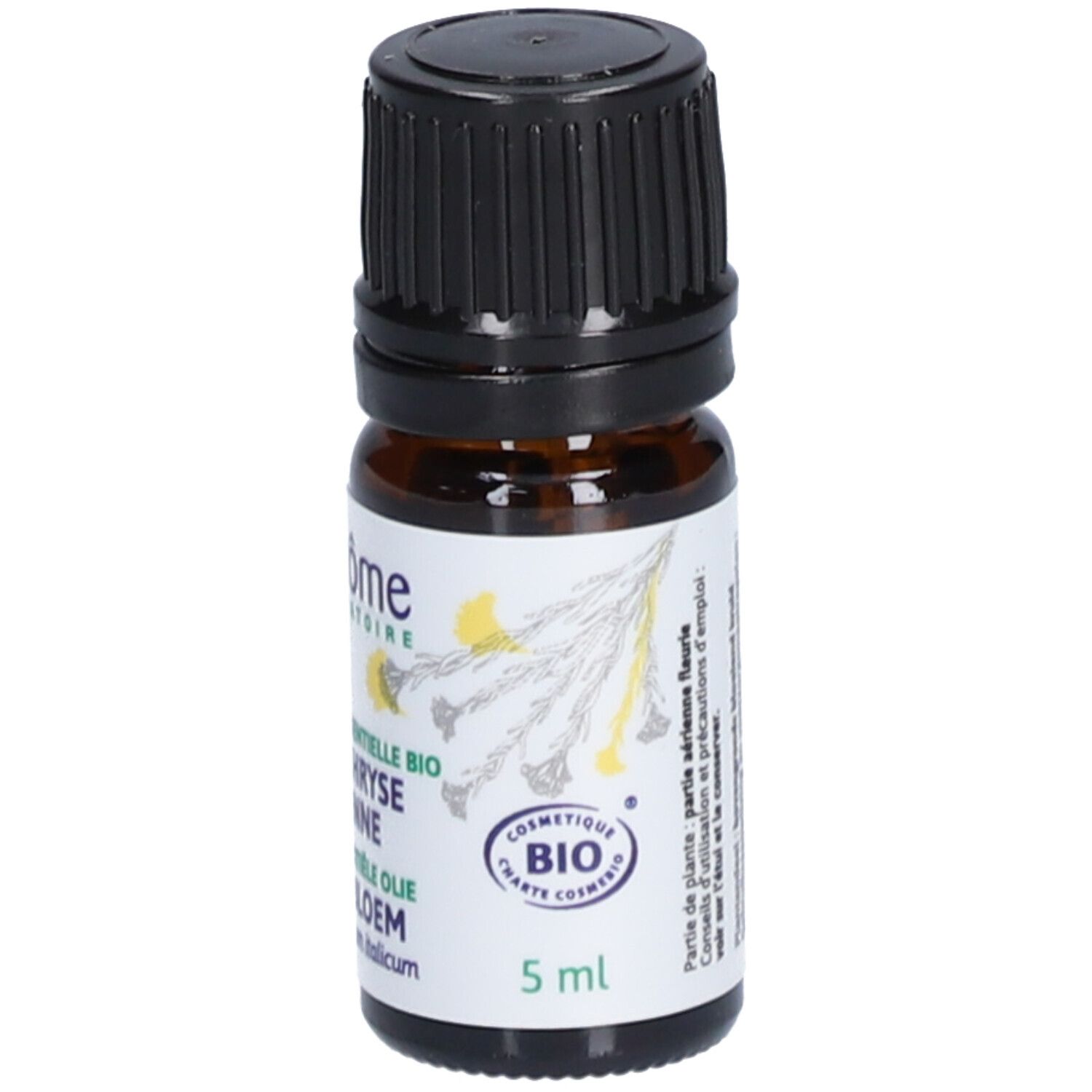 Flacon en verre brun avec bouchon noir. Inscription : Ladrome, HÉLICHRYSE ITALIENNE, BIO ESSENTIELE OLIE STROBLOEM. 5 ml.