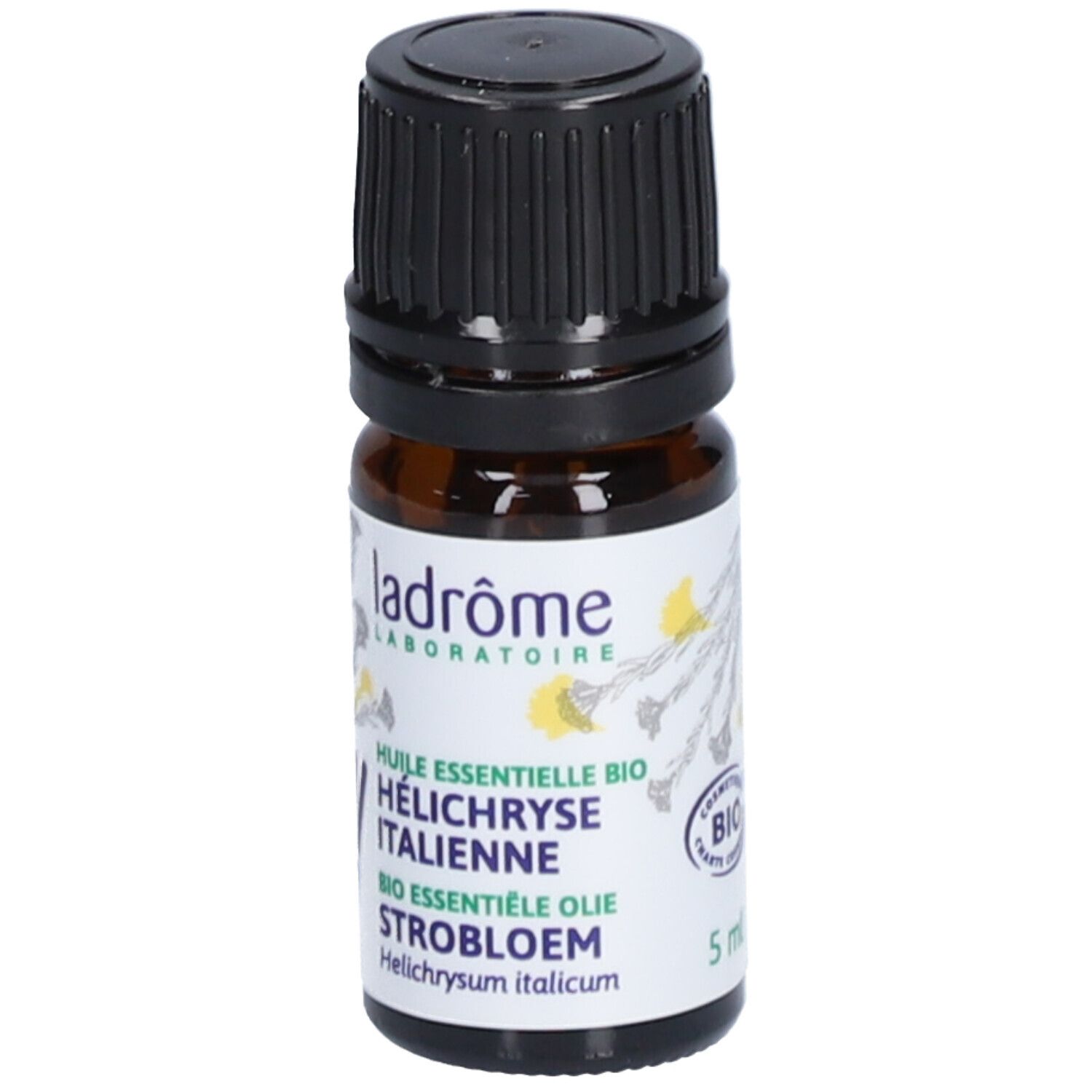 Flacon en verre brun avec bouchon noir. Inscription : Ladrome, HÉLICHRYSE ITALIENNE, BIO ESSENTIELE OLIE STROBLOEM. 5 ml.