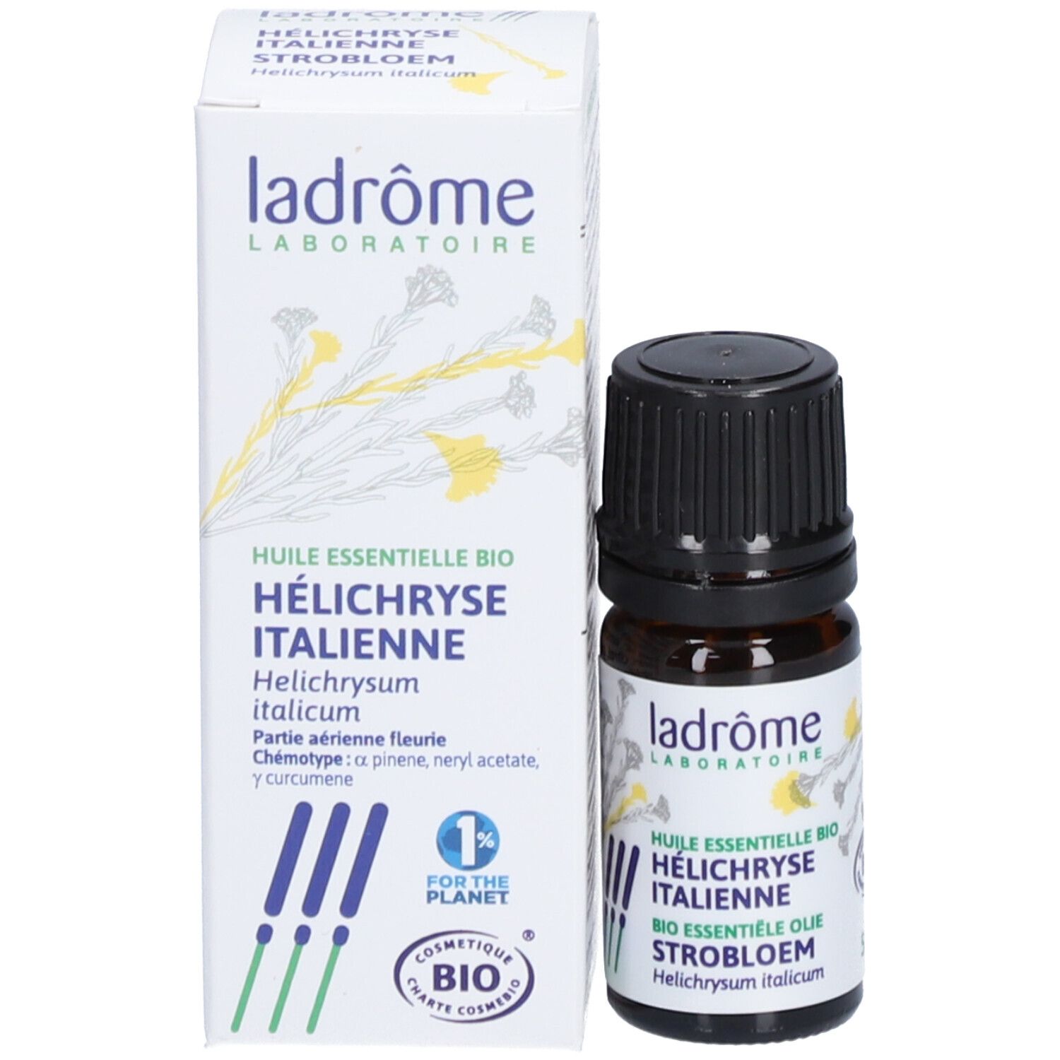 Emballage du produit avec flacon. Inscription : Ladrome, HÉLICHRYSE ITALIENNE, BIO ESSENTIELE OLIE STROBLOEM. Avec label bio.