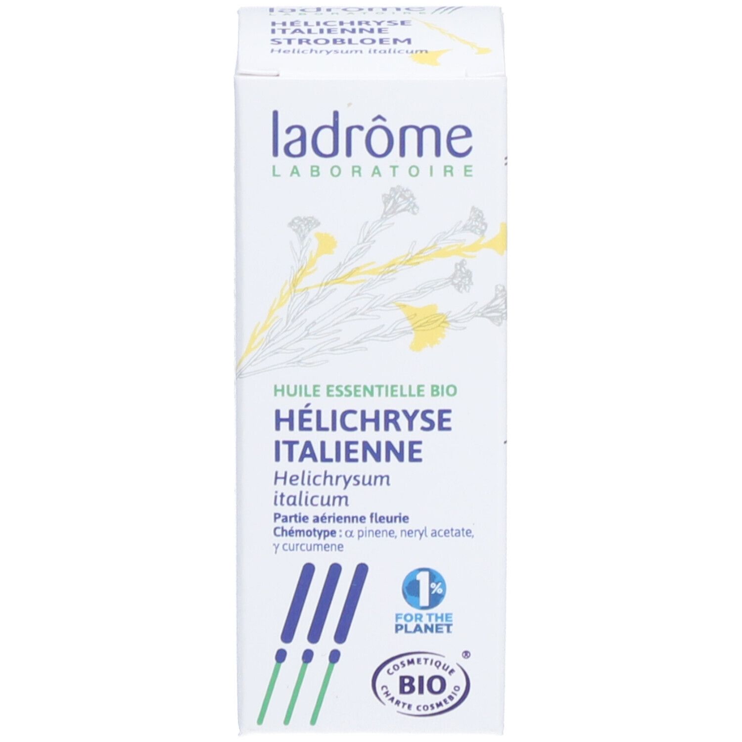 Emballage du produit. Inscription : Ladrome, HÉLICHRYSE ITALIENNE, BIO ESSENTIELE OLIE STROBLOEM. Avec label bio et texte.