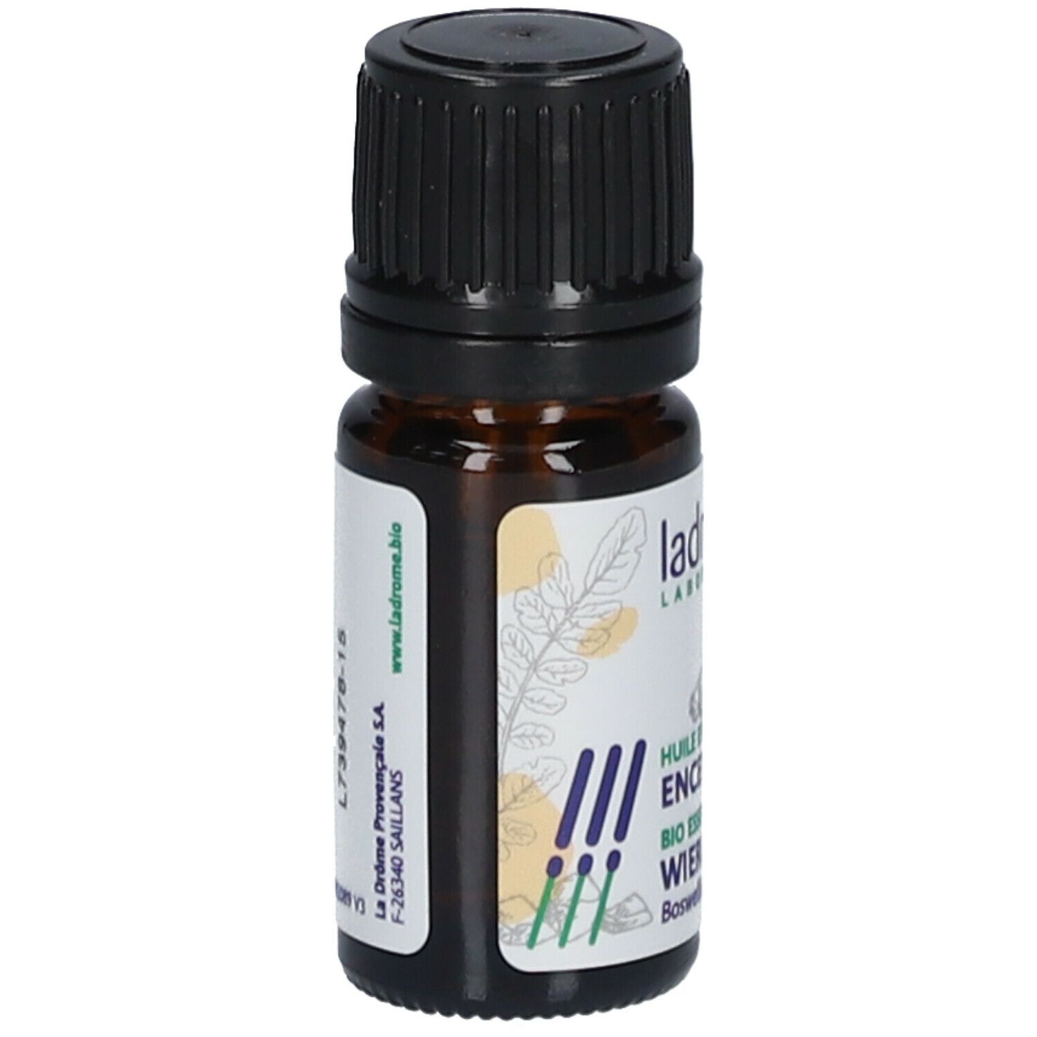 Bruine glazen fles met zwarte dop. Etiket met tekst. Productnaam: Ladrôme Huile Essentielle Enccens Bio.