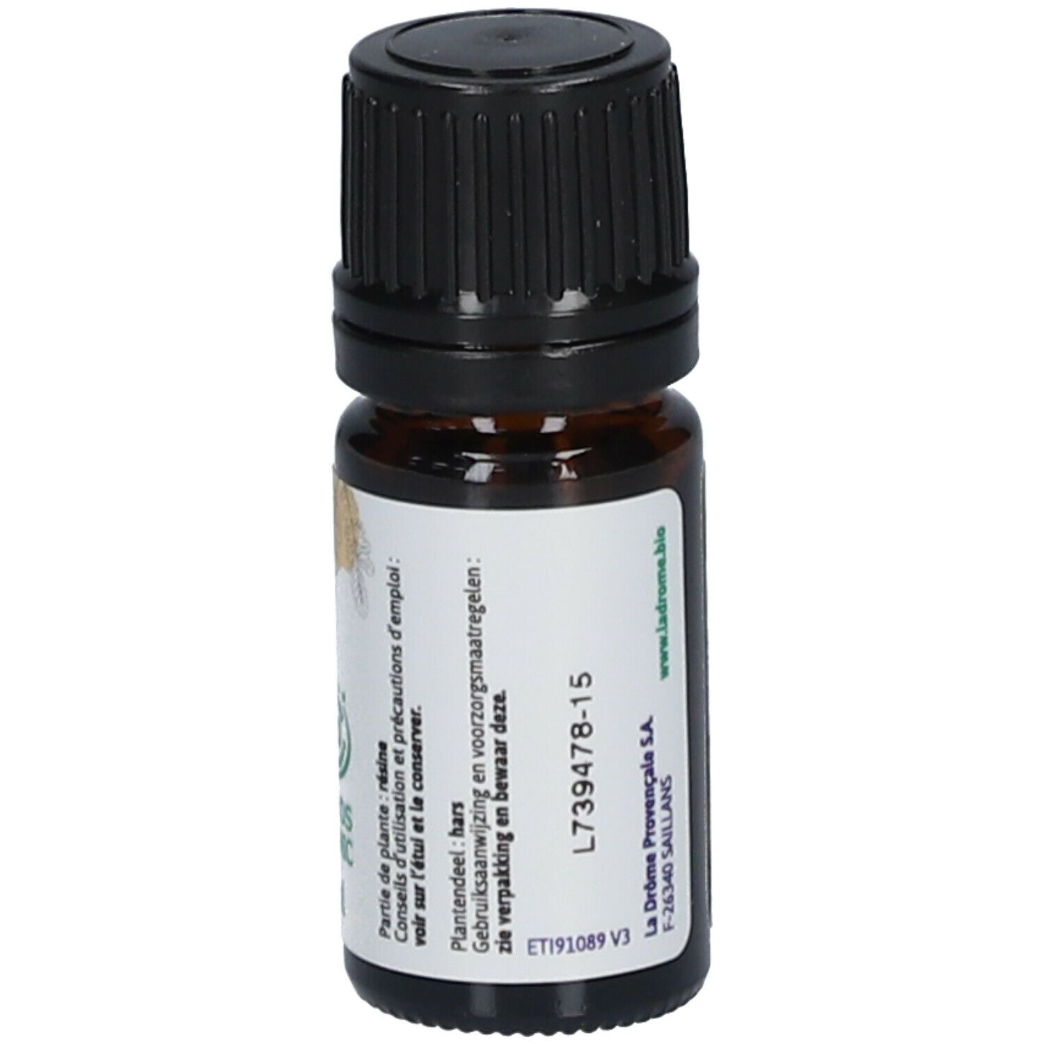 Bruine glazen fles met zwarte dop. Etiket met tekst. Productnaam: Ladrôme Huile Essentielle Enccens Bio.