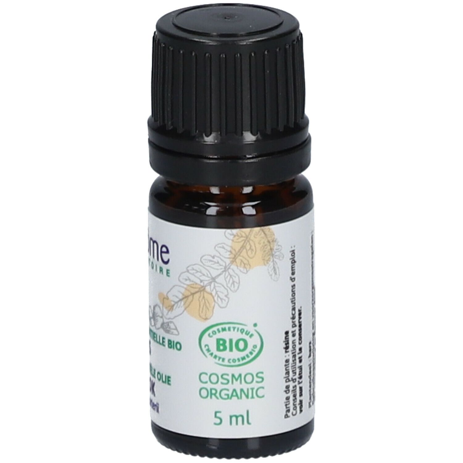 Bruine glazen fles met zwarte dop. Etiket met tekst en logo. Productnaam: Ladrôme Huile Essentielle Enccens Bio.