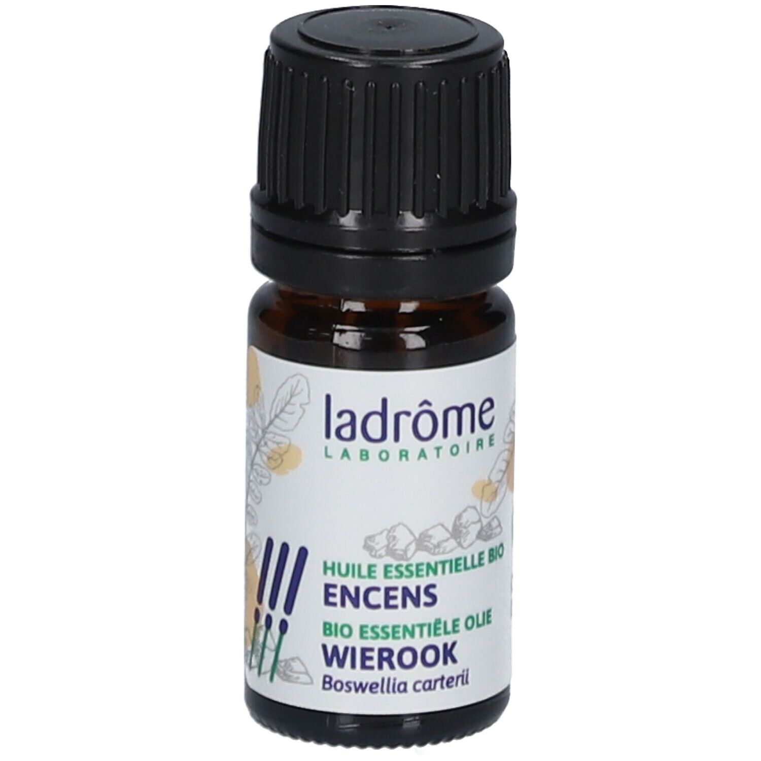 Bruine glazen fles met zwarte dop. Etiket met tekst en logo. Productnaam: Ladrôme Huile Essentielle Enccens Bio.