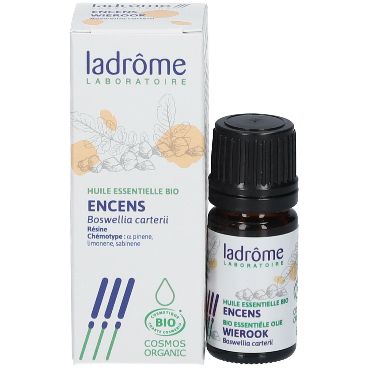 Productfles en verpakking. Bruine glazen fles met zwarte dop. Productnaam: Ladrôme Huile Essentielle Enccens Bio.
