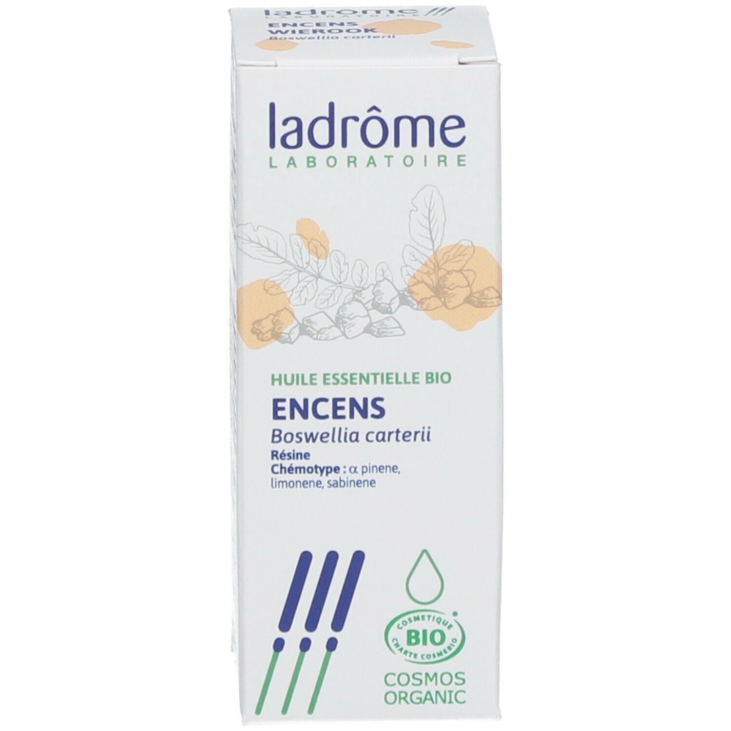 Productverpakking. Productnaam: Ladrôme Huile Essentielle Enccens Bio. Tekst en logo op witte achtergrond.