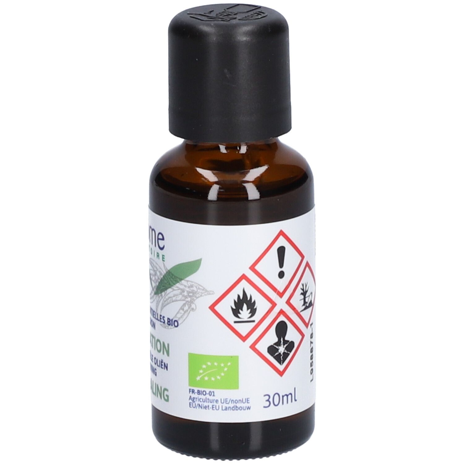 Bruine glazen fles met zwarte dop. Etiket met waarschuwingssymbolen, tekst en logo. 30ml.