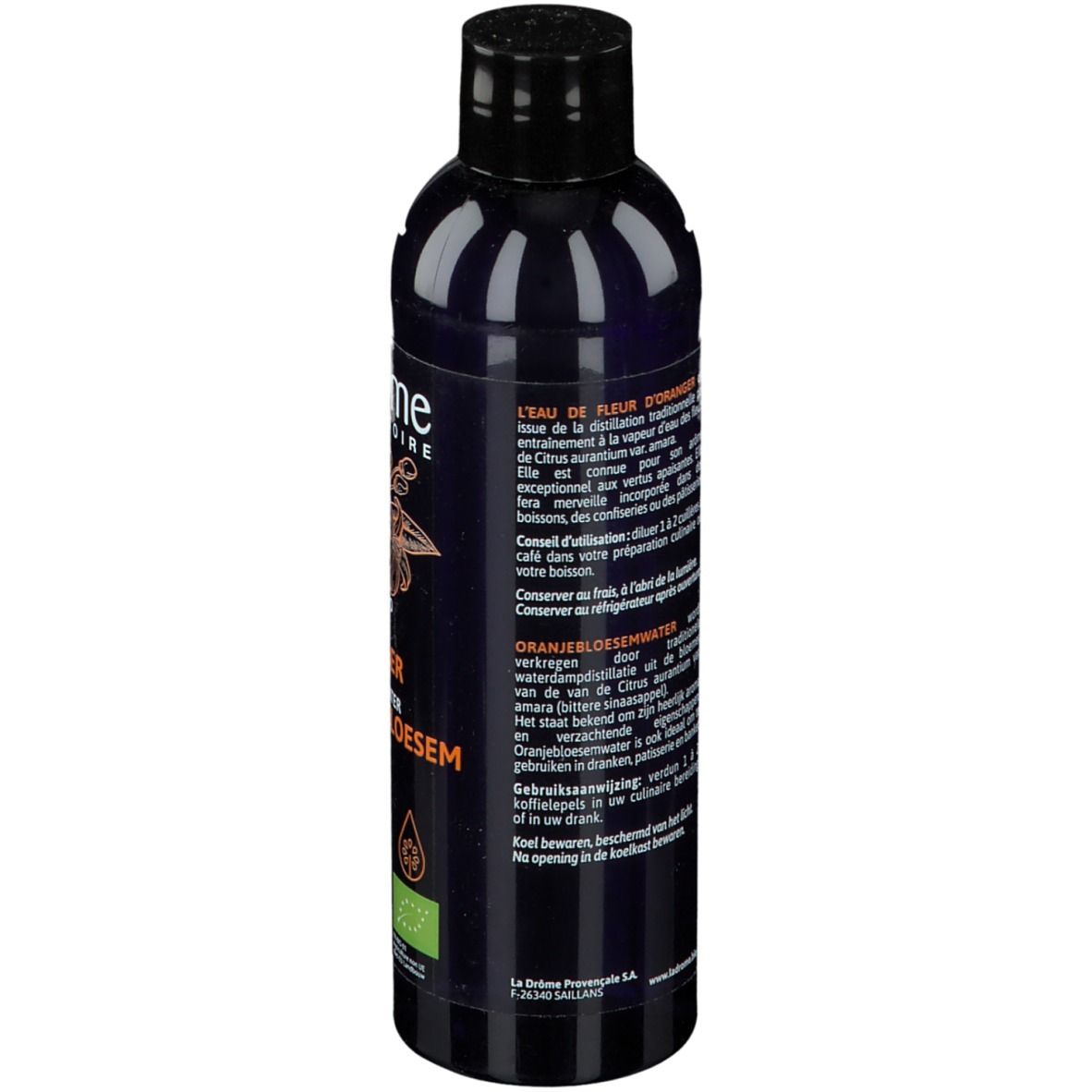 Achterkant van de fles. Tekst in het Frans en Nederlands. Bio-label. Zwarte dop. Donkerblauwe fles.