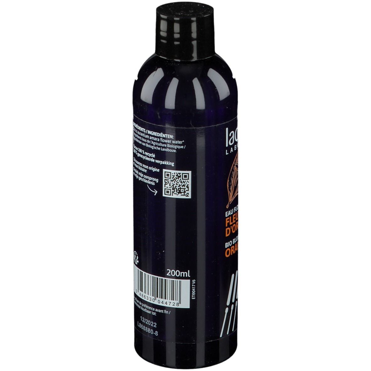 Donkerblauwe fles met zwarte dop. Opschrift: Ladrôme Laboratoire, Eau Florale Bio Fleur D'Oranger. 200ml.