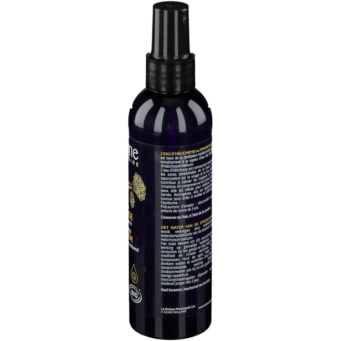 Achterkant van de donkerblauwe sprayfles. Meertalige tekst. Bio-certificering. Productinformatie.