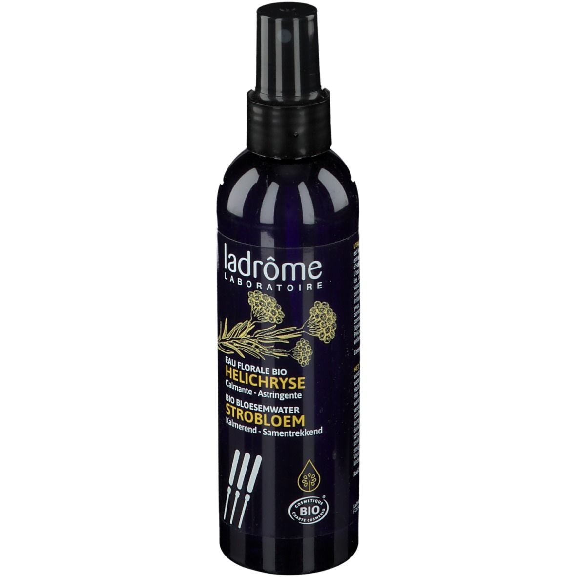 Donkerblauwe sprayfles met zwarte sproeikop. Opschrift: Ladrôme Laboratoire, Bio Helichryse bloesemwater.
