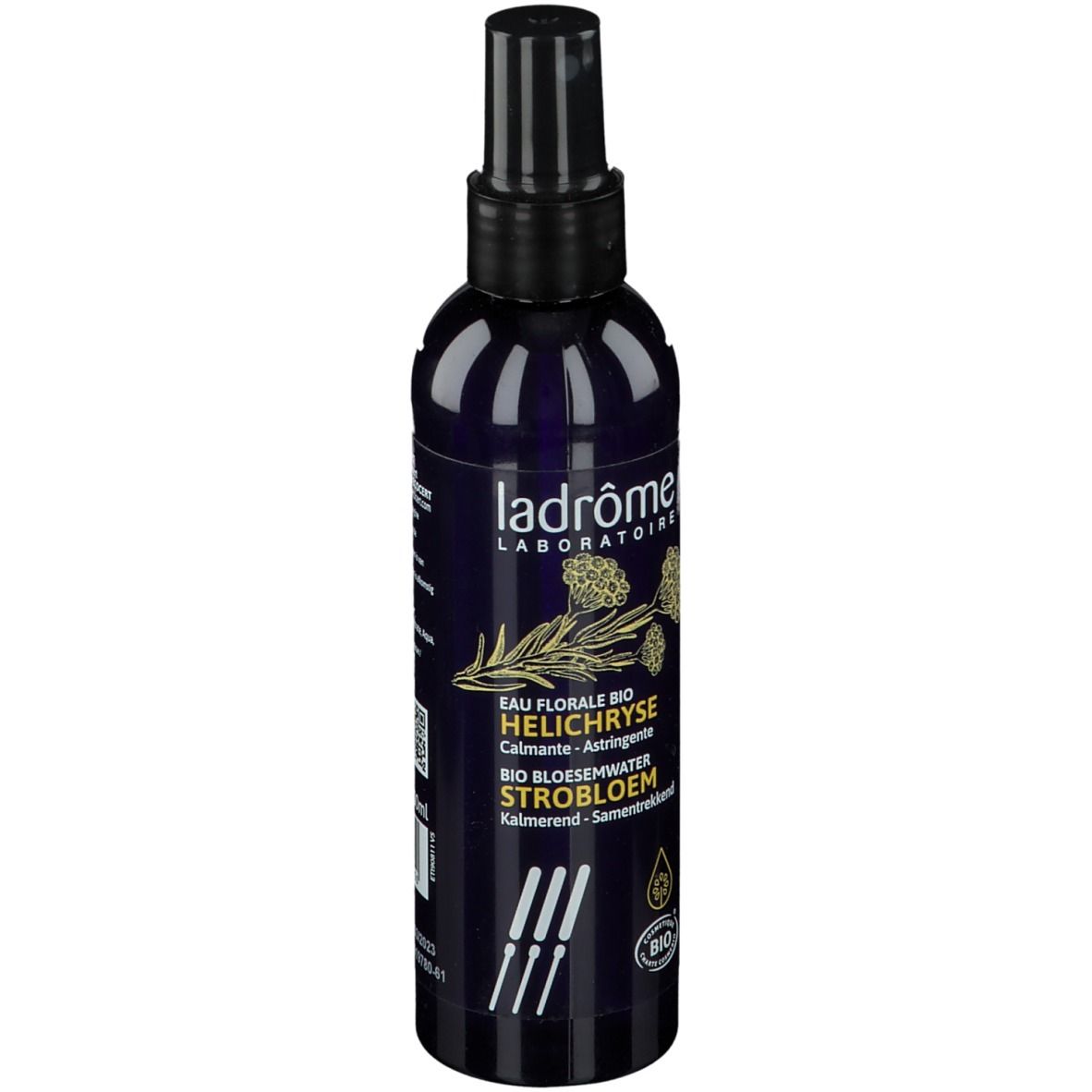 Donkerblauwe sprayfles met zwarte sproeikop. Opschrift: Ladrôme Laboratoire, Bio Helichryse bloesemwater.