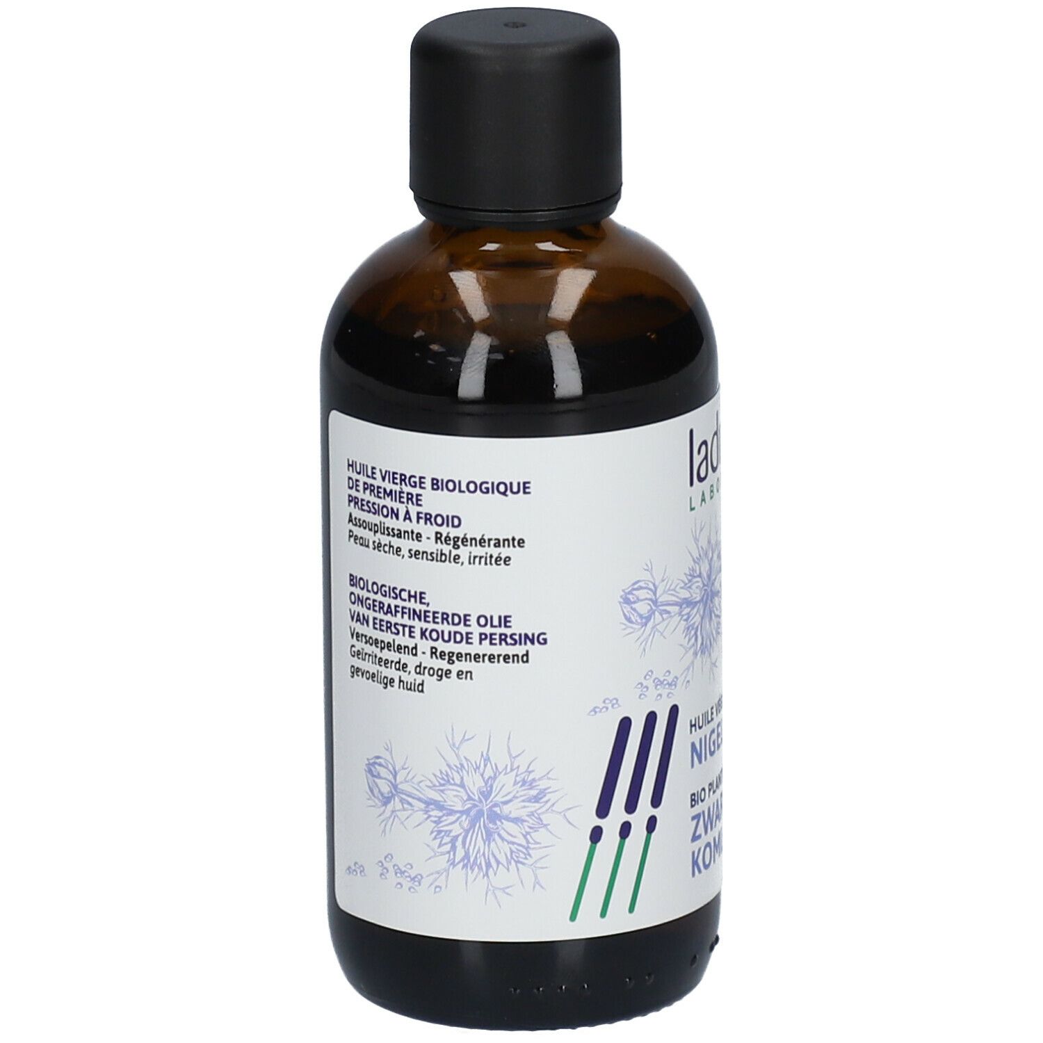 Bruine glazen fles met zwarte dop. Etiket met productnaam, tekst en bio-keurmerk.