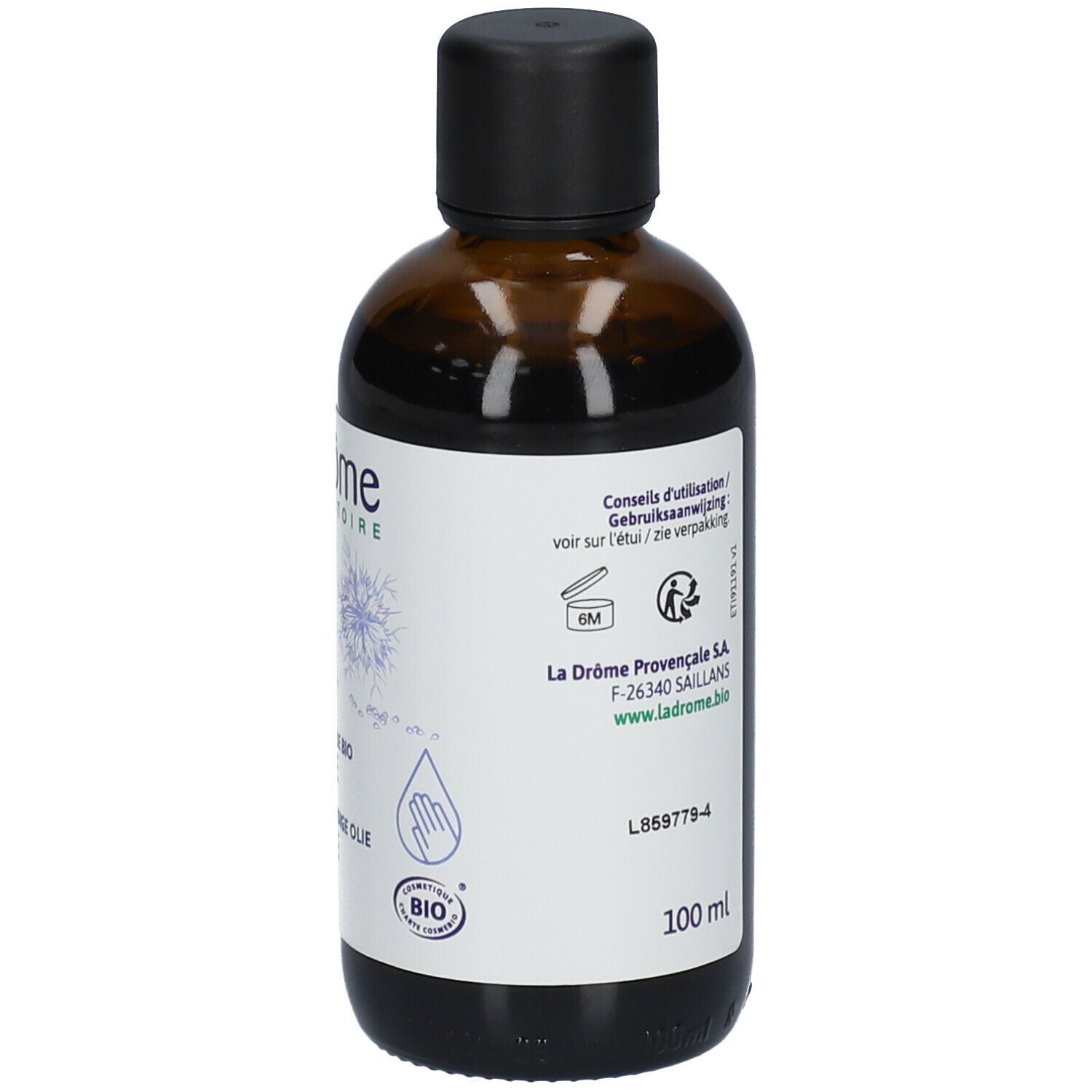 Bruine glazen fles met zwarte dop. Achterkant met tekst, logo en bio-keurmerk.