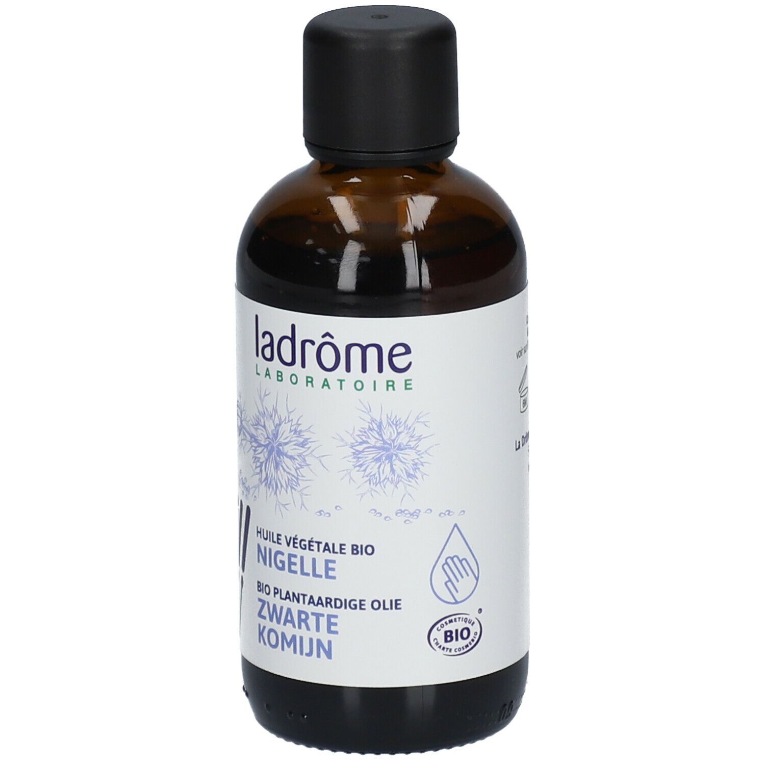Bruine glazen fles met zwarte dop. Etiket met productnaam, logo en bio-keurmerk.