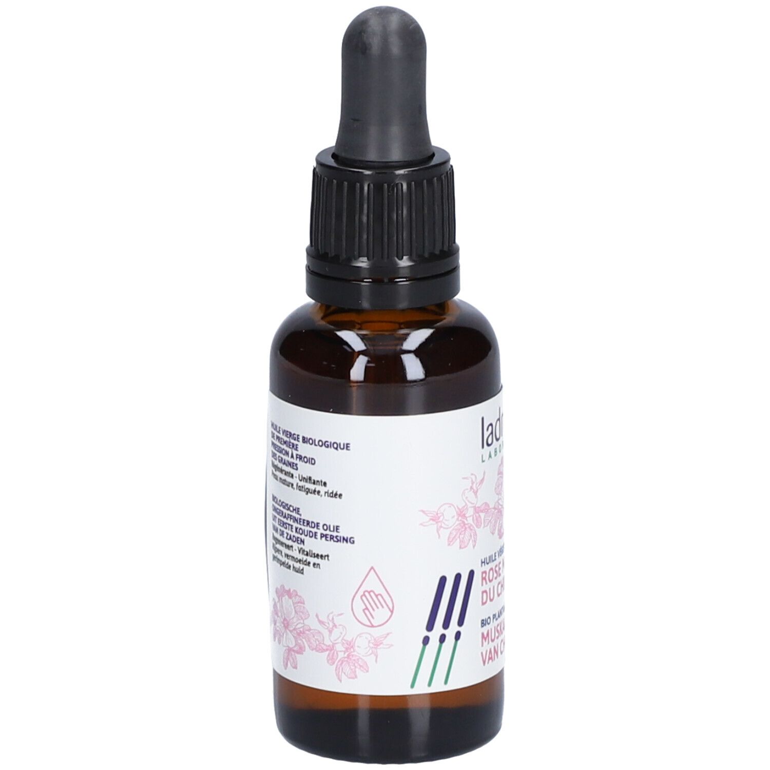 Bruine glazen fles met zwarte dop en pipet. Etiket met productinformatie en logo.