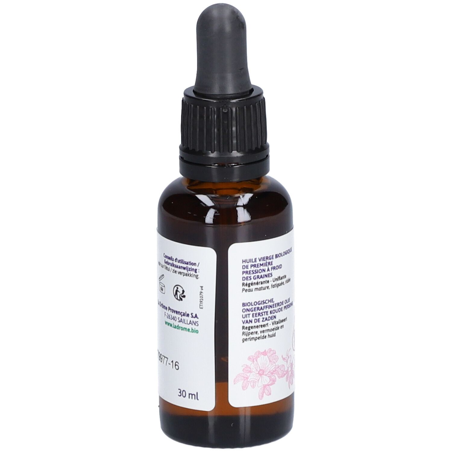 Bruine glazen fles met zwarte dop en pipet. Etiket met productinformatie en logo.