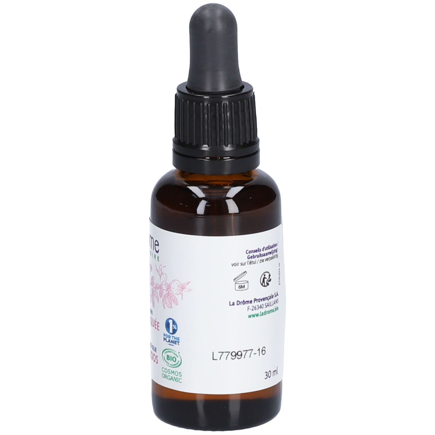 Bruine glazen fles met zwarte dop en pipet. Etiket met productinformatie en logo.