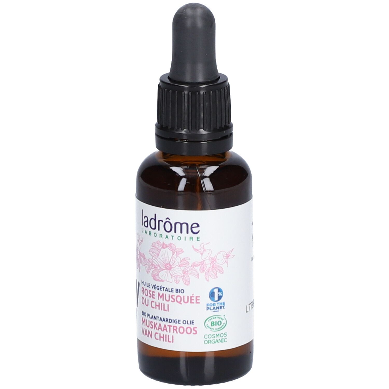 Bruine glazen fles met zwarte dop en pipet. Etiket met productinformatie en logo.