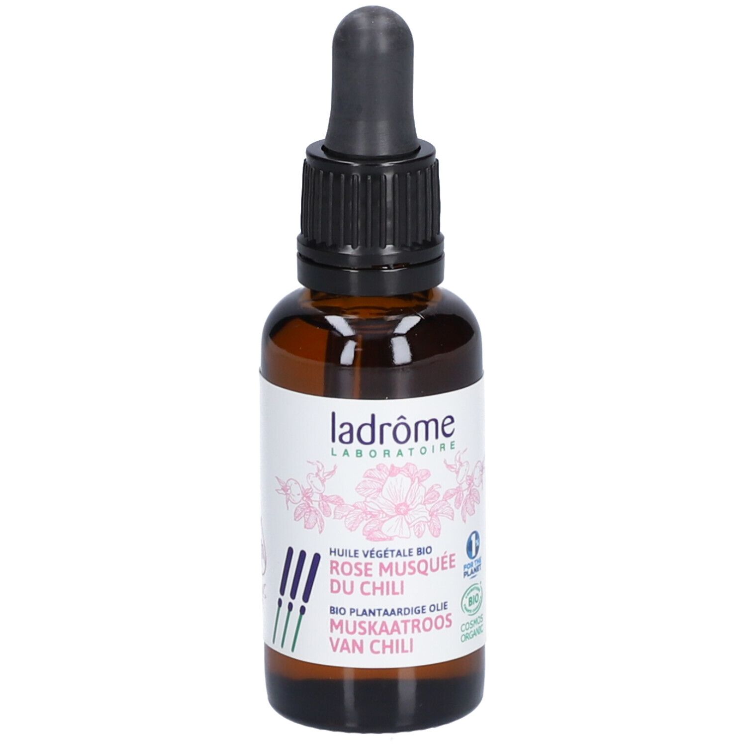 Bruine glazen fles met zwarte dop en pipet. Etiket met productinformatie en logo.