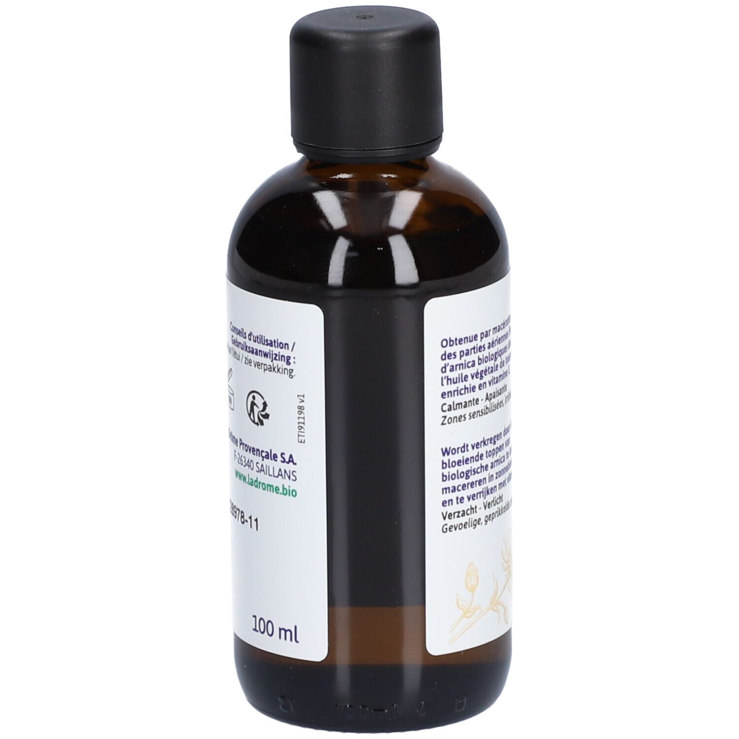 Bruine glazen fles met etiket. Opschrift '100 ml'.