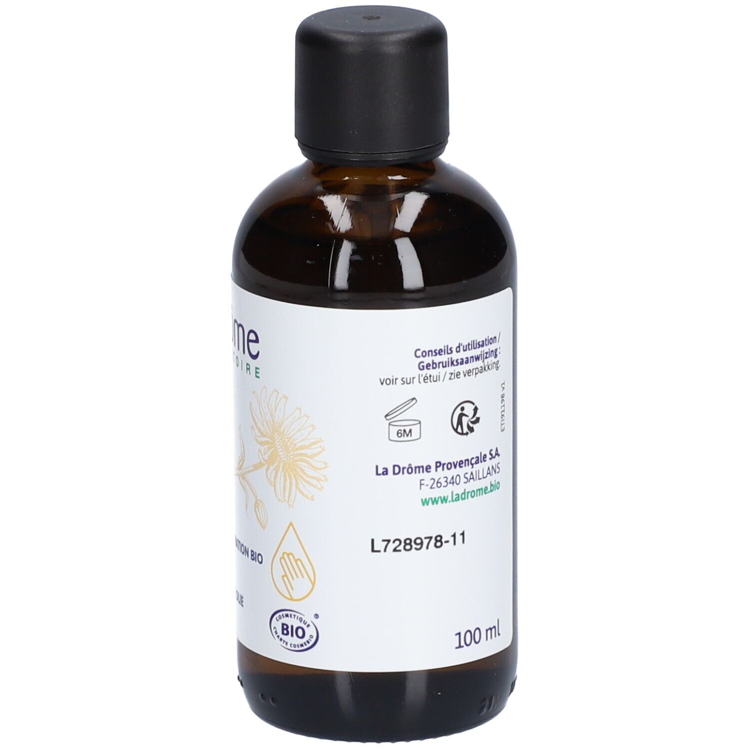 Bruine glazen fles met zwarte dop. Etiket met informatie en logo. Opschrift '100 ml'.