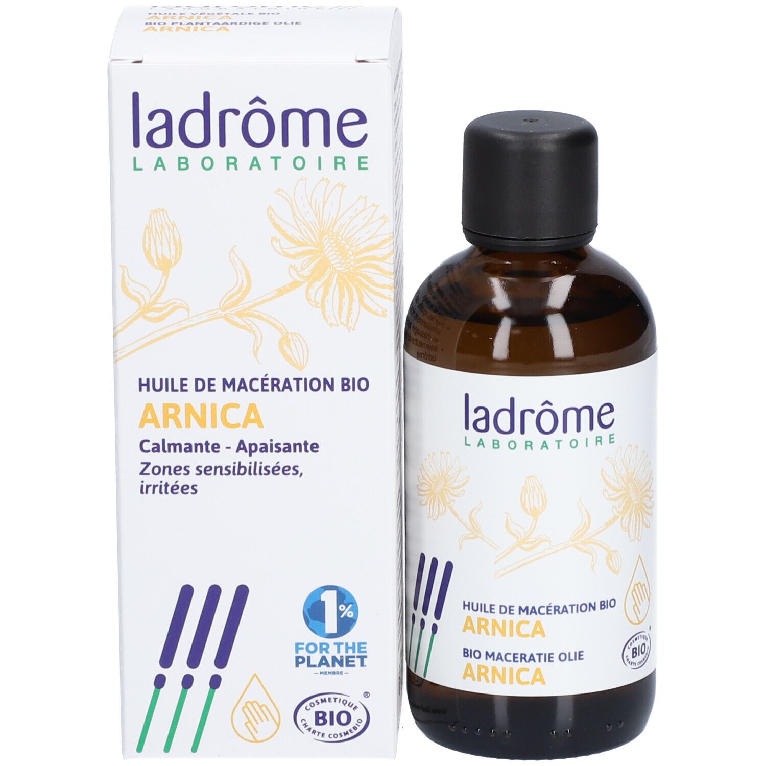 Bruine glazen fles en kartonnen verpakking. Opschrift 'Huile de macération bio Arnica'.