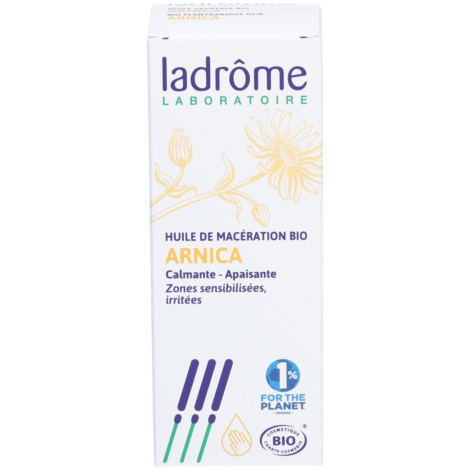 Kartonnen verpakking met informatie en logo. Opschrift 'Huile de macération bio Arnica'.