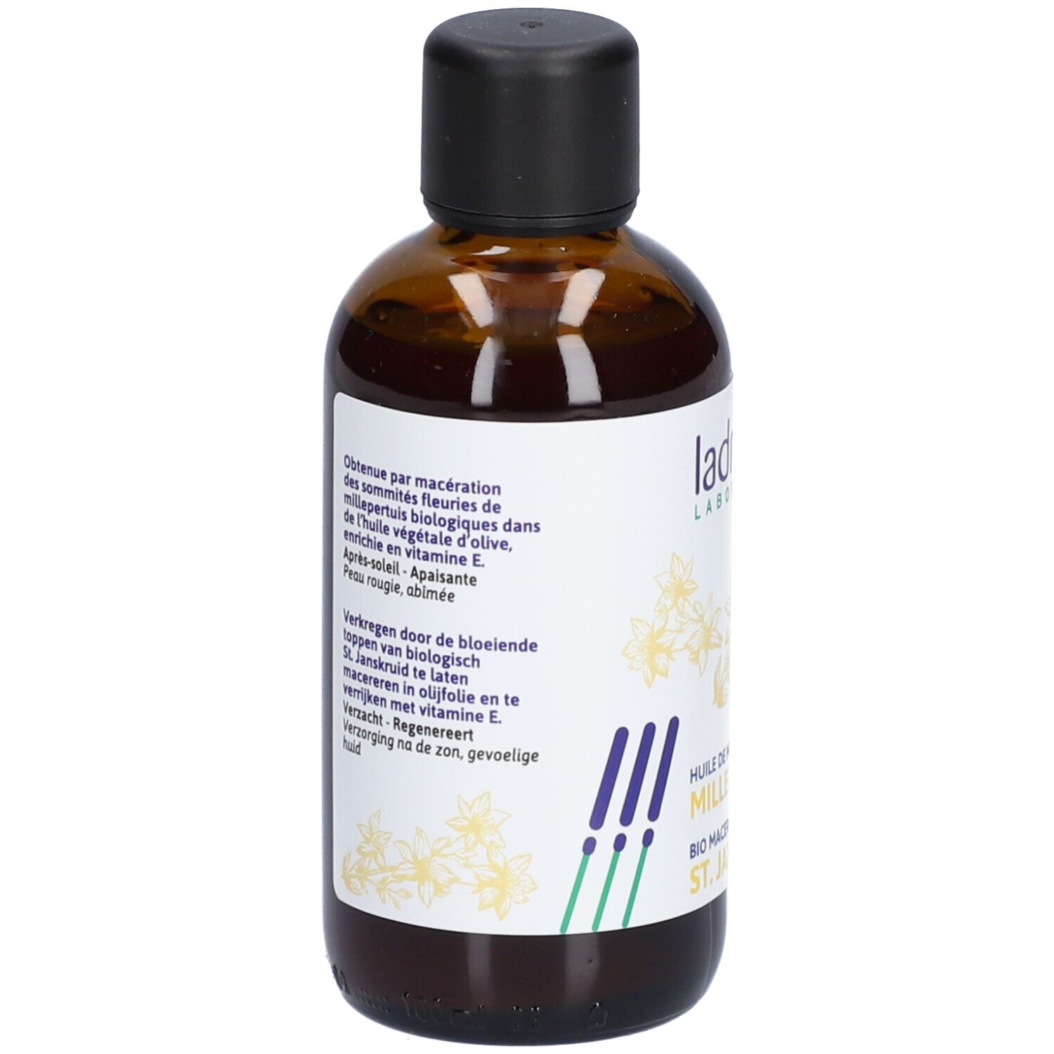 Achterkant van de fles. Meertalige tekst. Productnaam en bio-keurmerk.