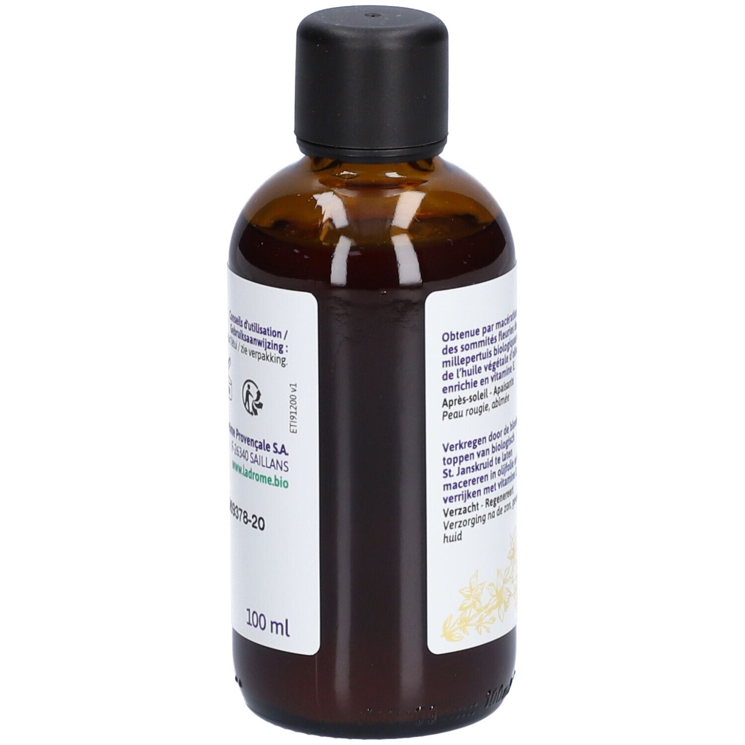 Achterkant van de fles. Meertalige tekst. Volume: 100 ml.