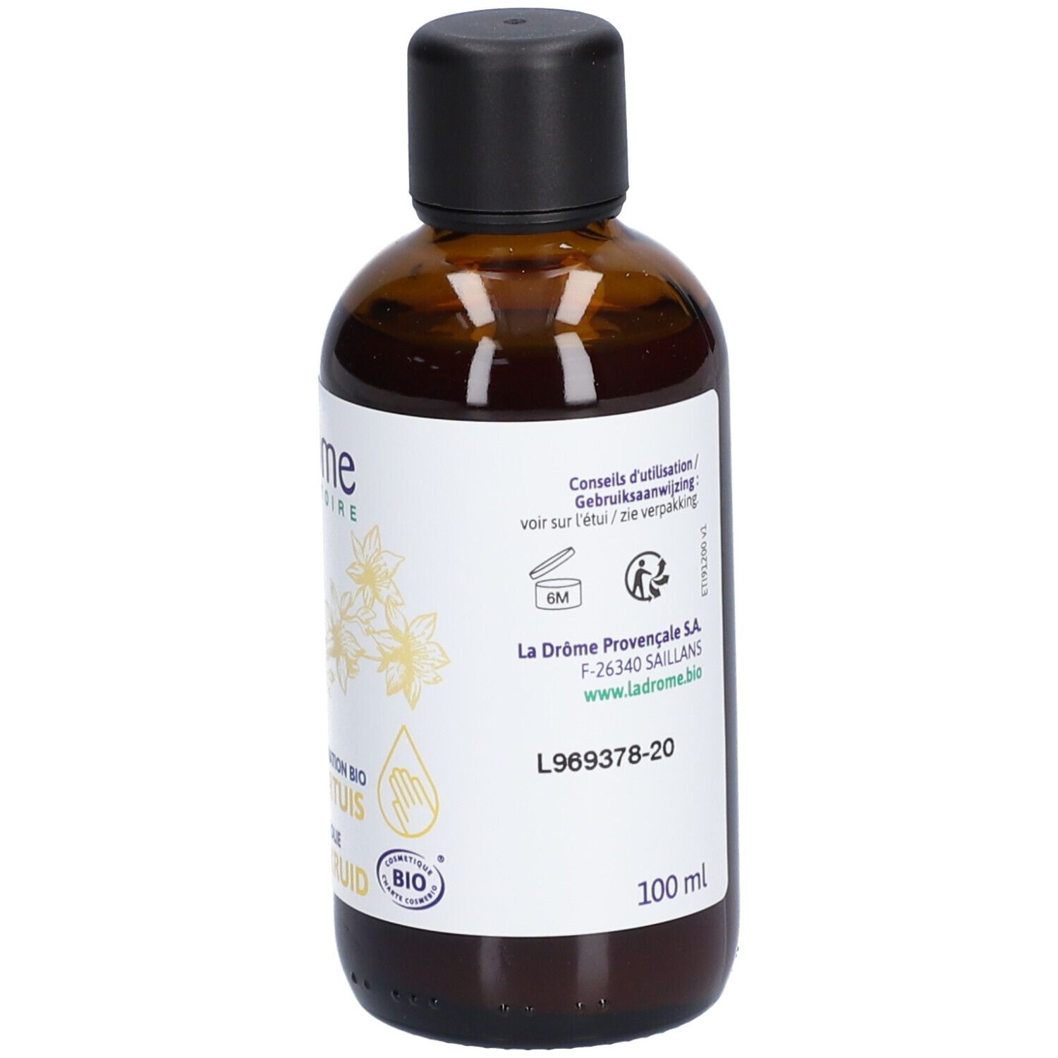 Bruine fles met zwarte dop. Etiket met info en bio-keurmerk. Volume: 100 ml.