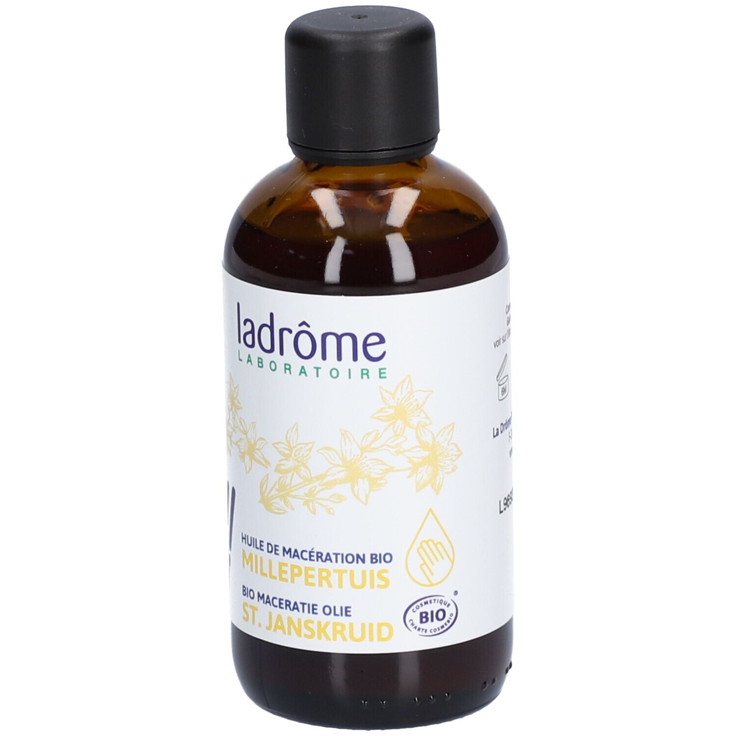 Bruine glazen fles met zwarte dop. Etiket met productnaam en bio-keurmerk.