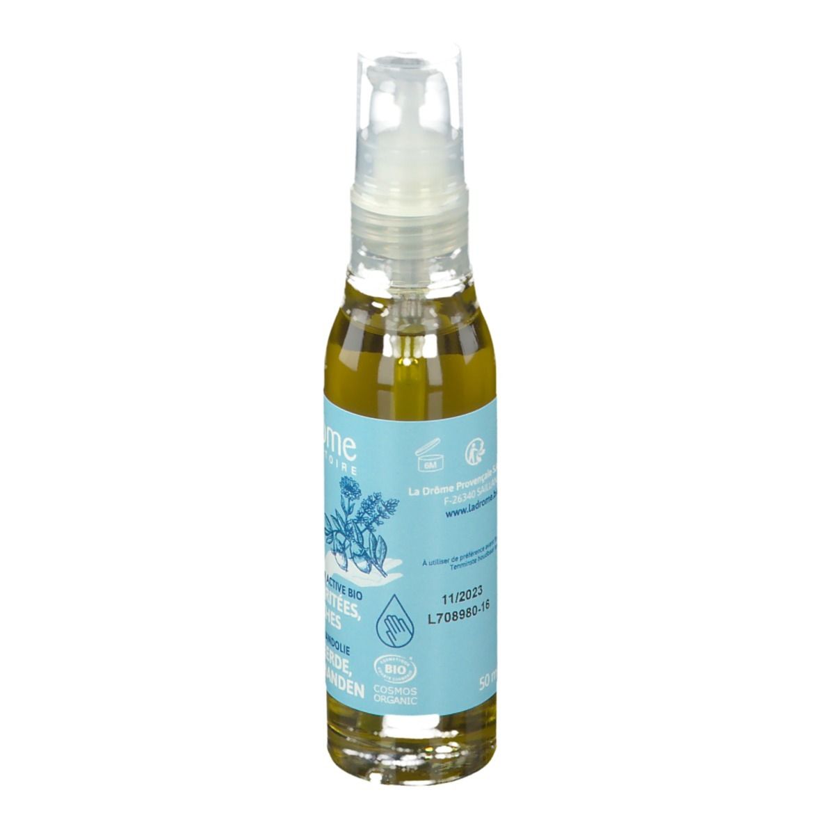 Heldere olie in een fles met pomp. Lichtblauw etiket met tekst en logo. Bio-certificering.