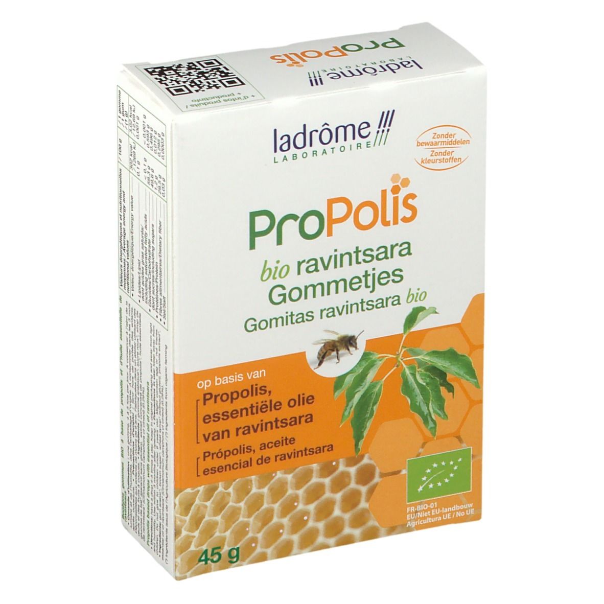 Kartonnen verpakking met productnaam en logo. Bevat Propolis, Ravintsara en essentiële olie. Bio-certificering.