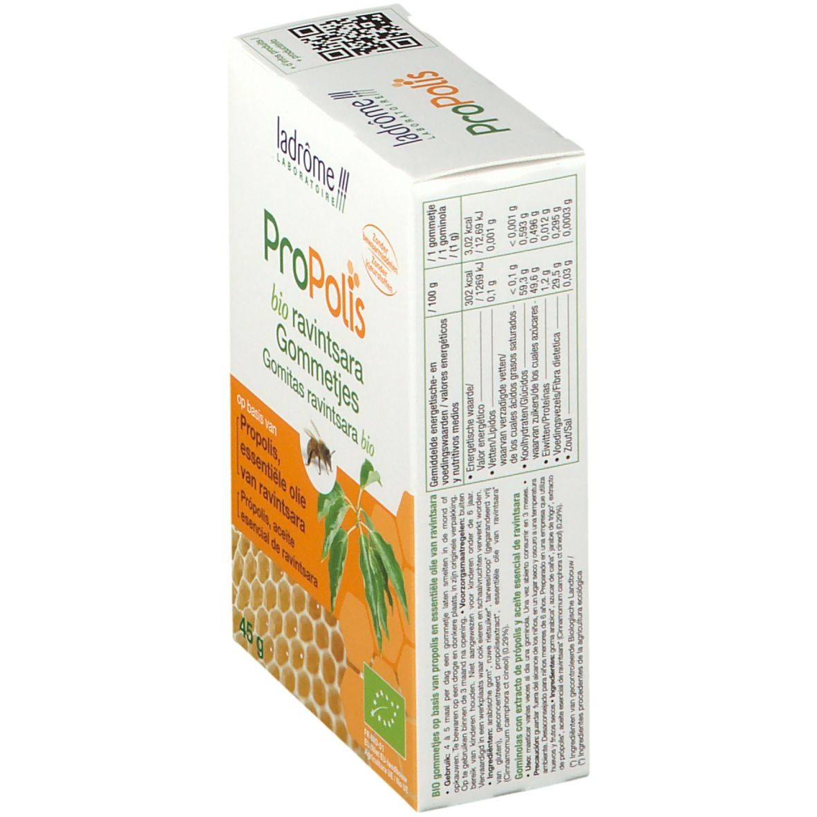 Zijaanzicht van de kartonnen verpakking. Bevat productinformatie, voedingswaarden en bio-certificering.