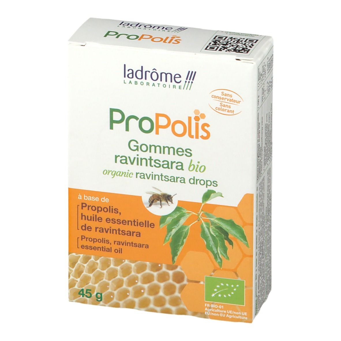 Kartonnen verpakking met productnaam en logo. Bevat Propolis, Ravintsara en essentiële olie. Bio-certificering.