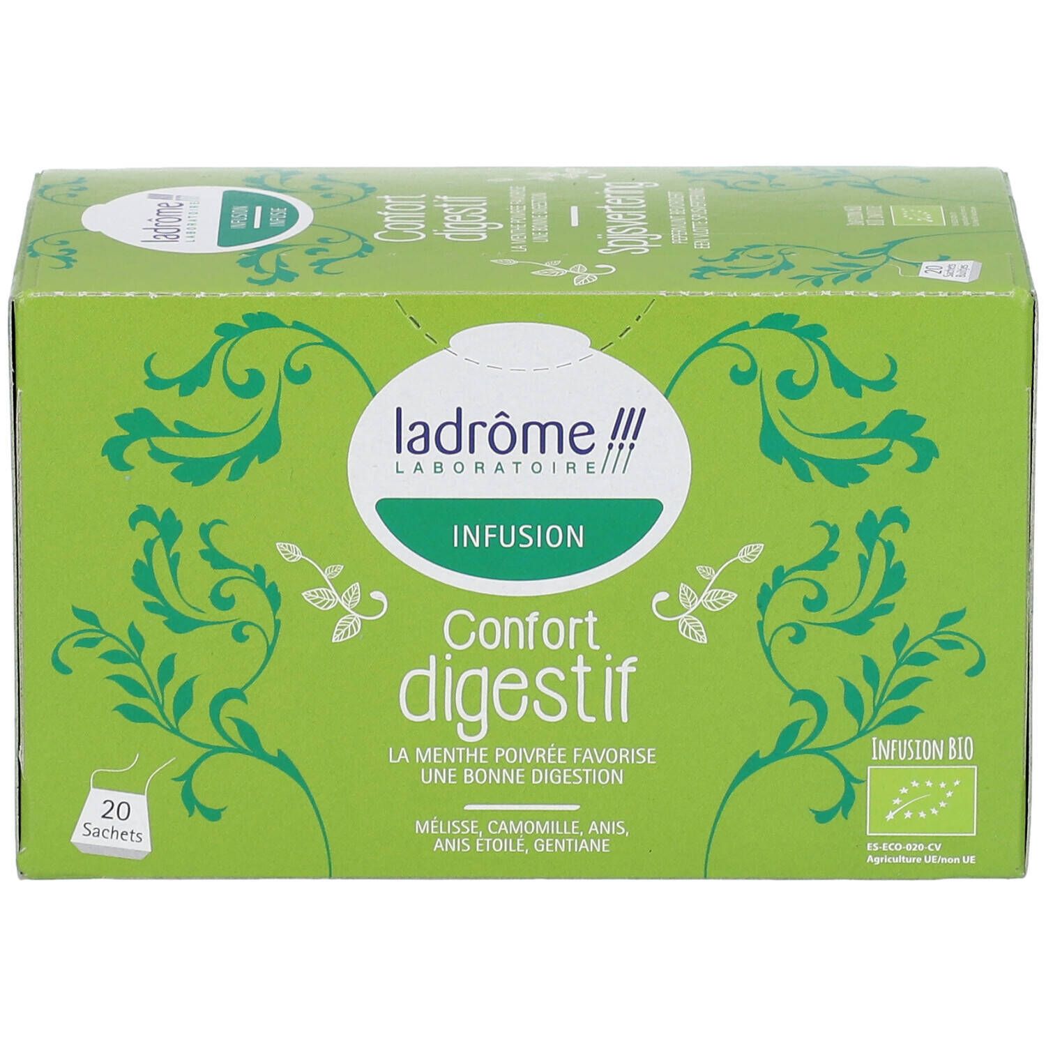 Boîte verte de tisane. Inscription "Confort digestif". Logo Ladrôme. 20 sachets. Label bio.